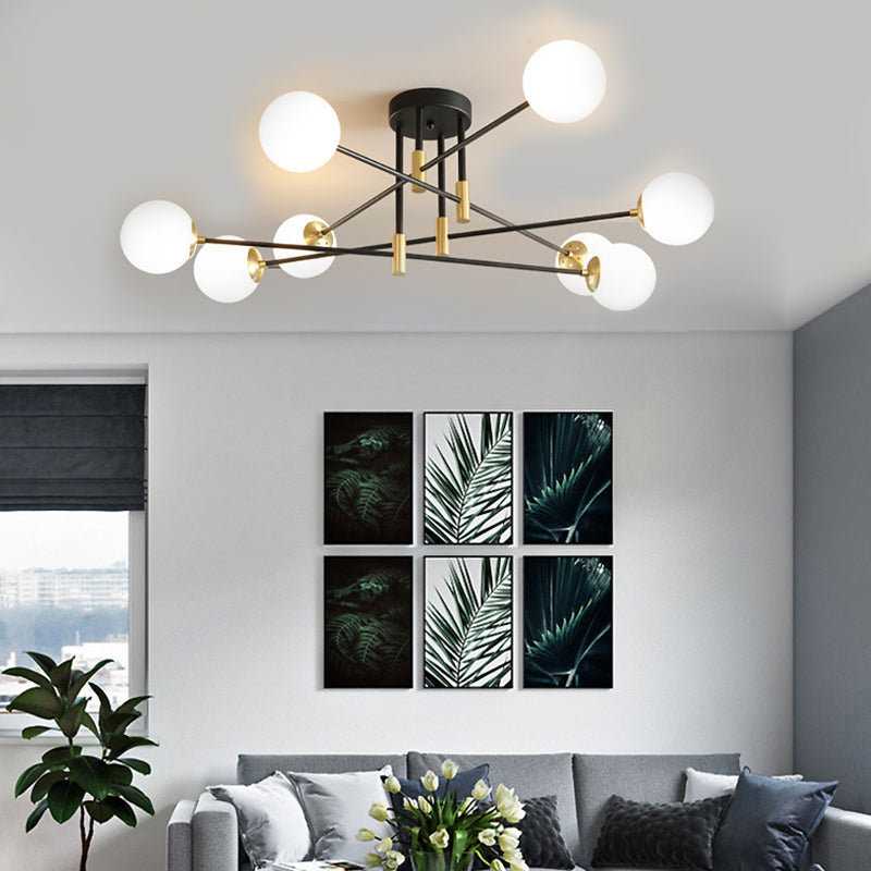 Cream Glass Sphere Semi Flush Mount Modernist 4/6/8 Lights Black Semi Flush Mount Light Fixture with Linear Arm Clearhalo 'Ceiling Lights' 'Close To Ceiling Lights' 'Close to ceiling' 'Glass shade' 'Glass' 'Semi-flushmount' Lighting' 212143
