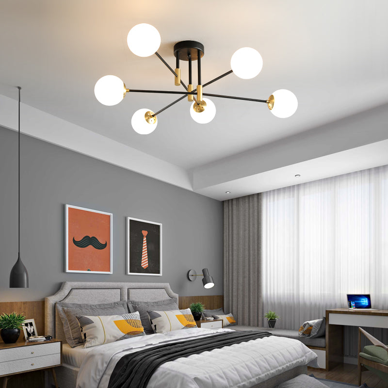 Cream Glass Sphere Semi Flush Mount Modernist 4/6/8 Lights Black Semi Flush Mount Light Fixture with Linear Arm Clearhalo 'Ceiling Lights' 'Close To Ceiling Lights' 'Close to ceiling' 'Glass shade' 'Glass' 'Semi-flushmount' Lighting' 212147