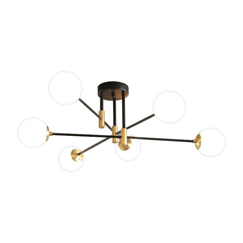 Cream Glass Sphere Semi Flush Mount Modernist 4/6/8 Lights Black Semi Flush Mount Light Fixture with Linear Arm Clearhalo 'Ceiling Lights' 'Close To Ceiling Lights' 'Close to ceiling' 'Glass shade' 'Glass' 'Semi-flushmount' Lighting' 212149