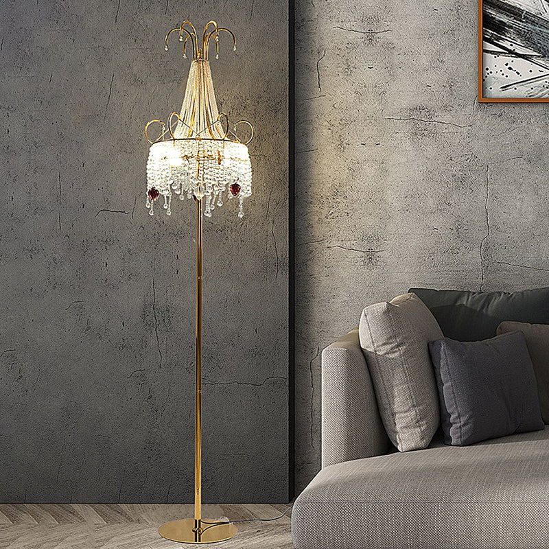 Tassel Living Room Floor Lamp Crystal 2 Bulbs Postmodern Style Standing Light with Scroll Decor in Gold Gold Clearhalo 'Floor Lamps' 'Lamps' Lighting' 2121532