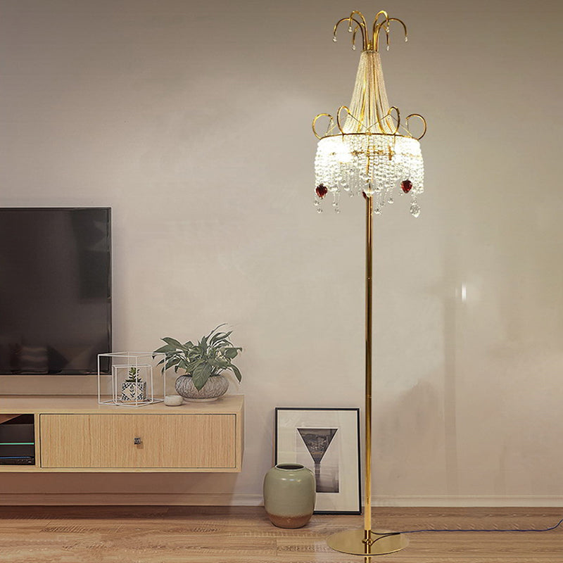 Tassel Living Room Floor Lamp Crystal 2 Bulbs Postmodern Style Standing Light with Scroll Decor in Gold Clearhalo 'Floor Lamps' 'Lamps' Lighting' 2121536
