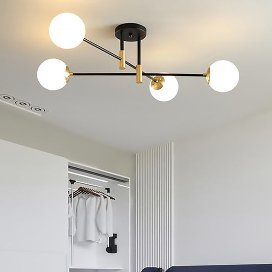 Cream Glass Sphere Semi Flush Mount Modernist 4/6/8 Lights Black Semi Flush Mount Light Fixture with Linear Arm Clearhalo 'Ceiling Lights' 'Close To Ceiling Lights' 'Close to ceiling' 'Glass shade' 'Glass' 'Semi-flushmount' Lighting' 212154