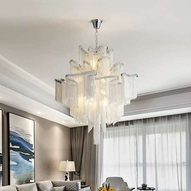 Tiered Chain Aluminum Ceiling Lighting Postmodern Silver Chandelier Light Fixture for Living Room Clearhalo 'Ceiling Lights' 'Chandeliers' 'Modern Chandeliers' 'Modern' Lighting' 2121556