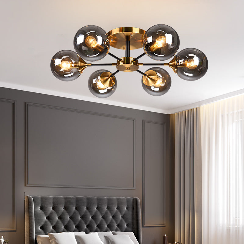 Round Semi Flush Lighting Modern White/Orange and Yellow/Smoke Glass 3/6/8 Lights Gold Led Flush Mount Light Fixture for Living Room in Warm Light 6 Smoke Gray Clearhalo 'Ceiling Lights' 'Close To Ceiling Lights' 'Close to ceiling' 'Glass shade' 'Glass' 'Semi-flushmount' Lighting' 212158