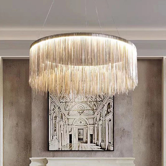 Circular Ceiling Lighting Postmodern Aluminum Chain Living Room LED Chandelier Light Fixture Silver
