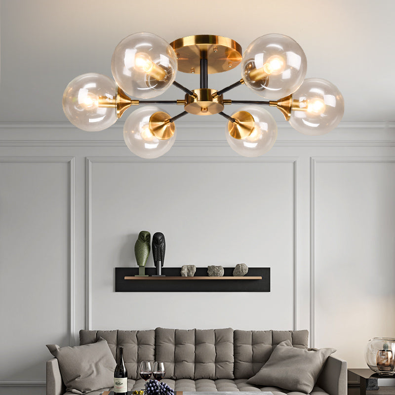 Round Semi Flush Lighting Modern White/Orange and Yellow/Smoke Glass 3/6/8 Lights Gold Led Flush Mount Light Fixture for Living Room in Warm Light Clearhalo 'Ceiling Lights' 'Close To Ceiling Lights' 'Close to ceiling' 'Glass shade' 'Glass' 'Semi-flushmount' Lighting' 212159