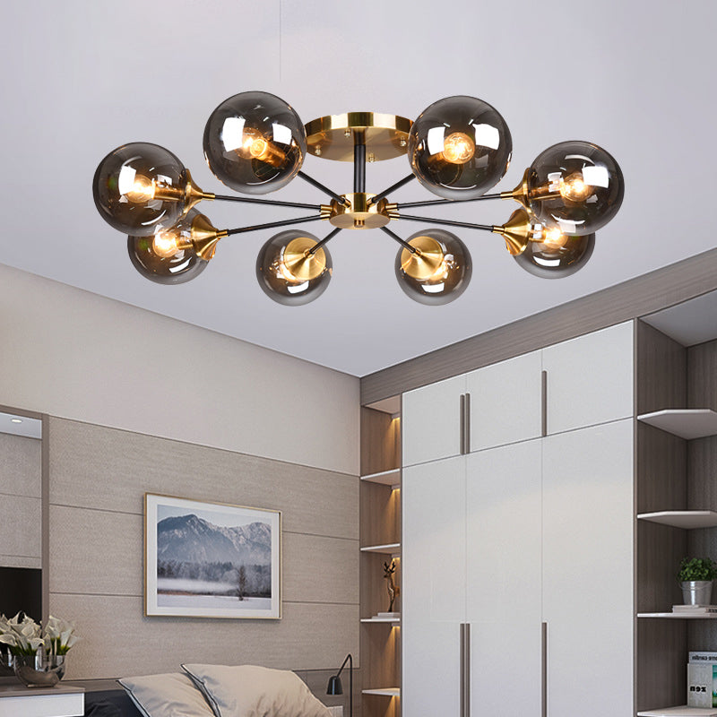 Round Semi Flush Lighting Modern White/Orange and Yellow/Smoke Glass 3/6/8 Lights Gold Led Flush Mount Light Fixture for Living Room in Warm Light Clearhalo 'Ceiling Lights' 'Close To Ceiling Lights' 'Close to ceiling' 'Glass shade' 'Glass' 'Semi-flushmount' Lighting' 212166