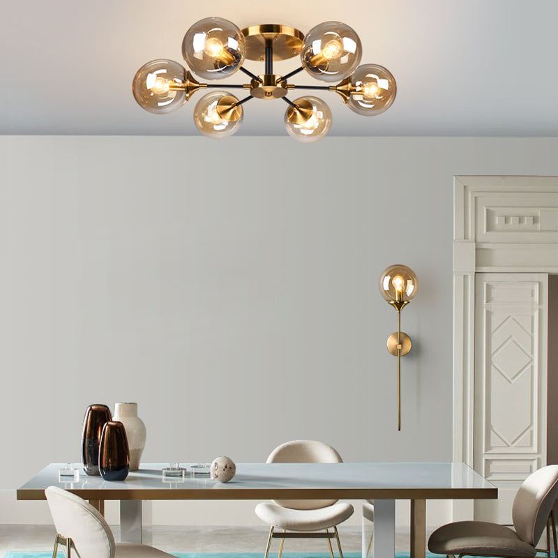 Round Semi Flush Lighting Modern White/Orange and Yellow/Smoke Glass 3/6/8 Lights Gold Led Flush Mount Light Fixture for Living Room in Warm Light Clearhalo 'Ceiling Lights' 'Close To Ceiling Lights' 'Close to ceiling' 'Glass shade' 'Glass' 'Semi-flushmount' Lighting' 212172