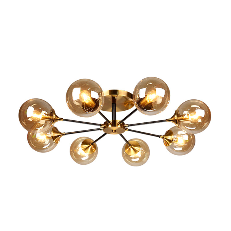Round Semi Flush Lighting Modern White/Orange and Yellow/Smoke Glass 3/6/8 Lights Gold Led Flush Mount Light Fixture for Living Room in Warm Light Clearhalo 'Ceiling Lights' 'Close To Ceiling Lights' 'Close to ceiling' 'Glass shade' 'Glass' 'Semi-flushmount' Lighting' 212178