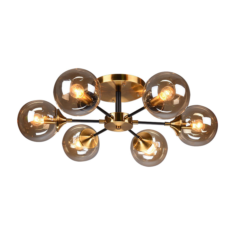 Round Semi Flush Lighting Modern White/Orange and Yellow/Smoke Glass 3/6/8 Lights Gold Led Flush Mount Light Fixture for Living Room in Warm Light Clearhalo 'Ceiling Lights' 'Close To Ceiling Lights' 'Close to ceiling' 'Glass shade' 'Glass' 'Semi-flushmount' Lighting' 212181