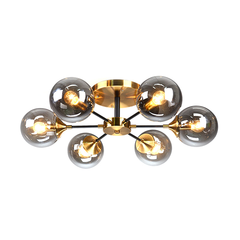 Round Semi Flush Lighting Modern White/Orange and Yellow/Smoke Glass 3/6/8 Lights Gold Led Flush Mount Light Fixture for Living Room in Warm Light Clearhalo 'Ceiling Lights' 'Close To Ceiling Lights' 'Close to ceiling' 'Glass shade' 'Glass' 'Semi-flushmount' Lighting' 212182