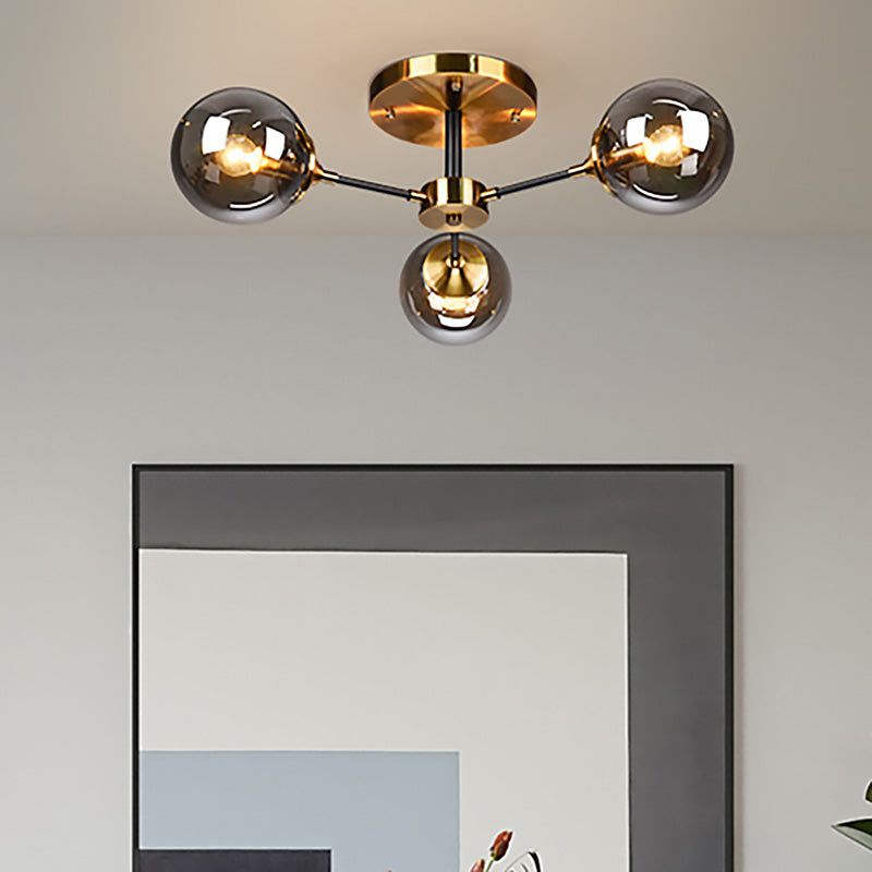 Round Semi Flush Lighting Modern White/Orange and Yellow/Smoke Glass 3/6/8 Lights Gold Led Flush Mount Light Fixture for Living Room in Warm Light Clearhalo 'Ceiling Lights' 'Close To Ceiling Lights' 'Close to ceiling' 'Glass shade' 'Glass' 'Semi-flushmount' Lighting' 212192