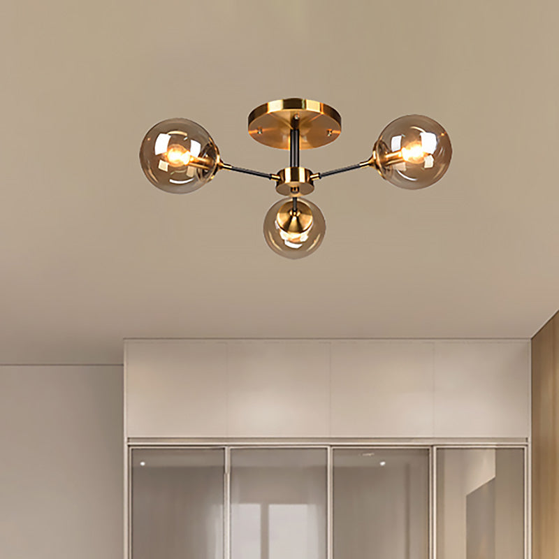 Round Semi Flush Lighting Modern White/Orange and Yellow/Smoke Glass 3/6/8 Lights Gold Led Flush Mount Light Fixture for Living Room in Warm Light 3 Amber Clearhalo 'Ceiling Lights' 'Close To Ceiling Lights' 'Close to ceiling' 'Glass shade' 'Glass' 'Semi-flushmount' Lighting' 212193