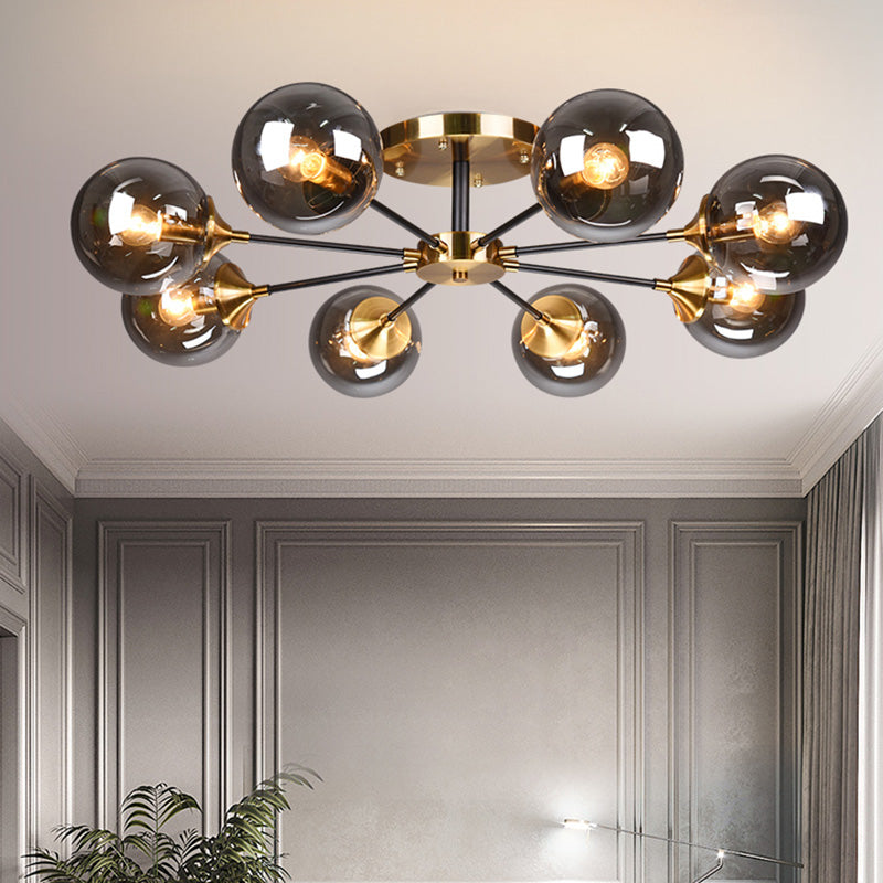 Round Semi Flush Lighting Modern White/Orange and Yellow/Smoke Glass 3/6/8 Lights Gold Led Flush Mount Light Fixture for Living Room in Warm Light 8 Smoke Gray Clearhalo 'Ceiling Lights' 'Close To Ceiling Lights' 'Close to ceiling' 'Glass shade' 'Glass' 'Semi-flushmount' Lighting' 212198