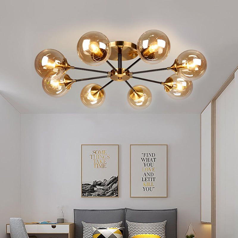 Round Semi Flush Lighting Modern White/Orange and Yellow/Smoke Glass 3/6/8 Lights Gold Led Flush Mount Light Fixture for Living Room in Warm Light Clearhalo 'Ceiling Lights' 'Close To Ceiling Lights' 'Close to ceiling' 'Glass shade' 'Glass' 'Semi-flushmount' Lighting' 212199