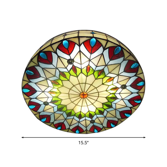 Stained Glass Ceiling Light Fixture Tiffany Style 3-Light Drum Flush Mount Light Fixture with Peacock and Jewel Clearhalo 'Ceiling Lights' 'Close To Ceiling Lights' 'Close to ceiling' 'Flush mount' Lighting' 2122820