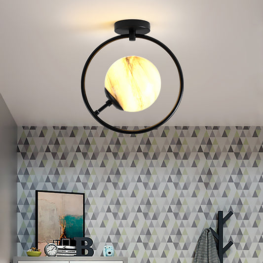 Sphere Semi Flush Mount Modernist White/Yellow Glass 1 Light Black Semi Flush Mount Light Fixture with Iron Ring Yellow Clearhalo 'Ceiling Lights' 'Close To Ceiling Lights' 'Close to ceiling' 'Glass shade' 'Glass' 'Semi-flushmount' Lighting' 212407
