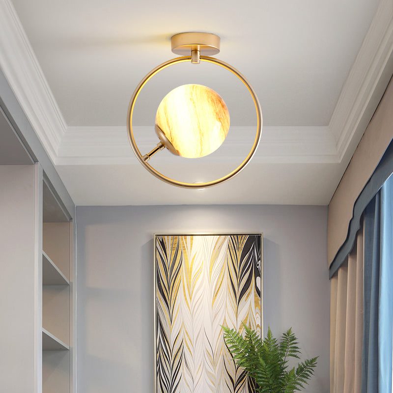 Gold Ball Semi Flush Lighting Modern 1 Light White/Yellow Glass Semi Flush Mount Lamp Fixture with Iron Ring Yellow Clearhalo 'Ceiling Lights' 'Close To Ceiling Lights' 'Close to ceiling' 'Glass shade' 'Glass' 'Semi-flushmount' Lighting' 212409