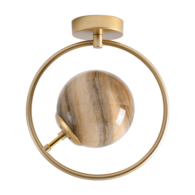 Gold Ball Semi Flush Lighting Modern 1 Light White/Yellow Glass Semi Flush Mount Lamp Fixture with Iron Ring Clearhalo 'Ceiling Lights' 'Close To Ceiling Lights' 'Close to ceiling' 'Glass shade' 'Glass' 'Semi-flushmount' Lighting' 212416