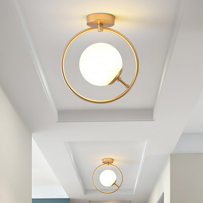 Gold Ball Semi Flush Lighting Modern 1 Light White/Yellow Glass Semi Flush Mount Lamp Fixture with Iron Ring White Clearhalo 'Ceiling Lights' 'Close To Ceiling Lights' 'Close to ceiling' 'Glass shade' 'Glass' 'Semi-flushmount' Lighting' 212417