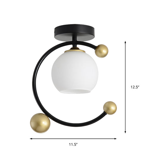 White Glass Sphere Semi Flush Mount Modernist 1 Light Black Semi Flush Mount Light Fixture with Iron Ring, 10"/12" Wide Clearhalo 'Ceiling Lights' 'Close To Ceiling Lights' 'Close to ceiling' 'Glass shade' 'Glass' 'Semi-flushmount' Lighting' 212448