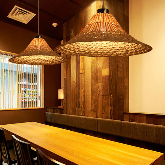Yellow Bamboo Hat Shape Pendant Asian Style 1 Light Rattan Hanging Ceiling Lamp for Restaurant Clearhalo 'Ceiling Lights' 'Pendant Lights' 'Pendants' Lighting' 212660