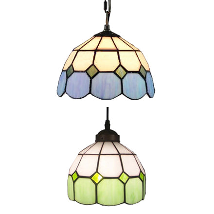 Hand Cut Glass Green/Blue Ceiling Lamp Dome 1 Head Tiffany Suspension Pendant Light for Restaurant Clearhalo 'Ceiling Lights' 'Close To Ceiling Lights' 'Industrial' 'Middle Century Pendants' 'Pendant Lights' 'Pendants' 'Tiffany close to ceiling' 'Tiffany Pendants' 'Tiffany' Lighting' 21317