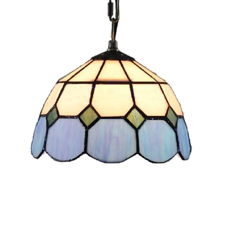 Hand Cut Glass Green/Blue Ceiling Lamp Dome 1 Head Tiffany Suspension Pendant Light for Restaurant Clearhalo 'Ceiling Lights' 'Close To Ceiling Lights' 'Industrial' 'Middle Century Pendants' 'Pendant Lights' 'Pendants' 'Tiffany close to ceiling' 'Tiffany Pendants' 'Tiffany' Lighting' 21318