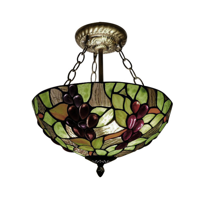 12"/16" W Inverted Semi Flush Light with Bowl Shade Stained Glass Semi Flush Mount Light in Green Clearhalo 'Ceiling Lights' 'Close To Ceiling Lights' 'Close to ceiling' 'Glass shade' 'Glass' 'Semi-flushmount' 'Tiffany close to ceiling' 'Tiffany' Lighting' 21335