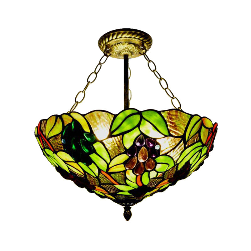 12"/16" W Inverted Semi Flush Light with Bowl Shade Stained Glass Semi Flush Mount Light in Green Green 16" Clearhalo 'Ceiling Lights' 'Close To Ceiling Lights' 'Close to ceiling' 'Glass shade' 'Glass' 'Semi-flushmount' 'Tiffany close to ceiling' 'Tiffany' Lighting' 21336