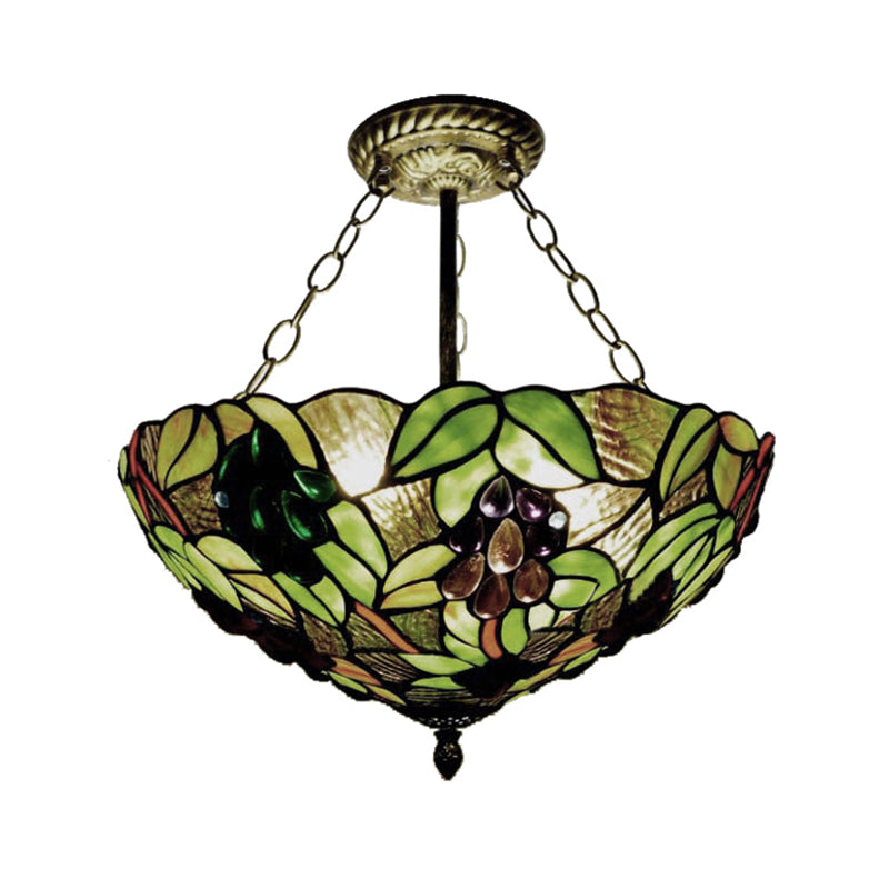 12"/16" W Inverted Semi Flush Light with Bowl Shade Stained Glass Semi Flush Mount Light in Green Clearhalo 'Ceiling Lights' 'Close To Ceiling Lights' 'Close to ceiling' 'Glass shade' 'Glass' 'Semi-flushmount' 'Tiffany close to ceiling' 'Tiffany' Lighting' 21337