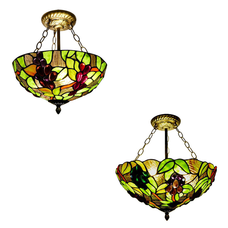 Inverted Bowl Ceiling Light Fixture with Leaf Pattern Rustic Loft Semi Flush Light for Foyer in Green Clearhalo 'Ceiling Lights' 'Close To Ceiling Lights' 'Close to ceiling' 'Glass shade' 'Glass' 'Pendant Lights' 'Semi-flushmount' 'Tiffany close to ceiling' 'Tiffany' Lighting' 21338
