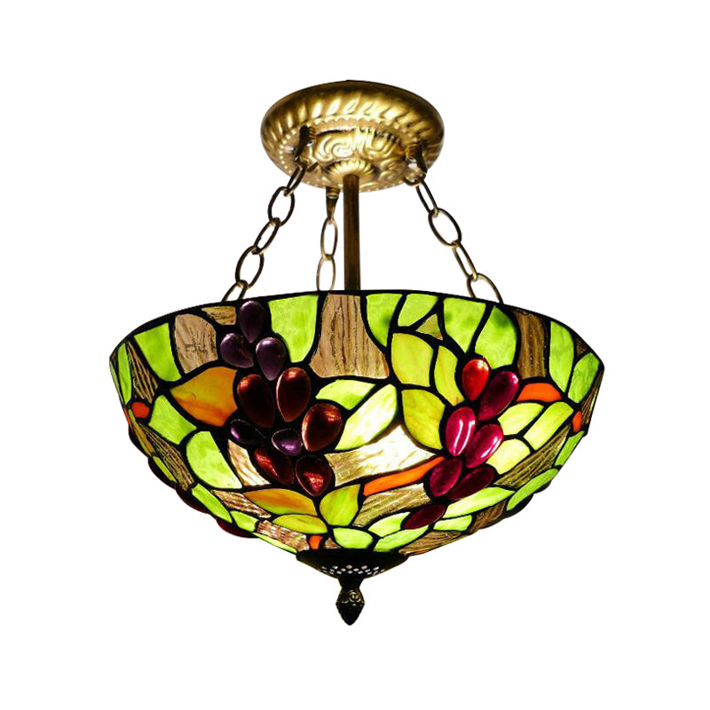 Inverted Bowl Ceiling Light Fixture with Leaf Pattern Rustic Loft Semi Flush Light for Foyer in Green Green F Clearhalo 'Ceiling Lights' 'Close To Ceiling Lights' 'Close to ceiling' 'Glass shade' 'Glass' 'Pendant Lights' 'Semi-flushmount' 'Tiffany close to ceiling' 'Tiffany' Lighting' 21339