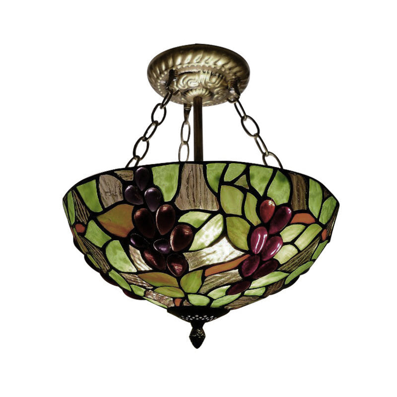 Inverted Bowl Ceiling Light Fixture with Leaf Pattern Rustic Loft Semi Flush Light for Foyer in Green Clearhalo 'Ceiling Lights' 'Close To Ceiling Lights' 'Close to ceiling' 'Glass shade' 'Glass' 'Pendant Lights' 'Semi-flushmount' 'Tiffany close to ceiling' 'Tiffany' Lighting' 21340