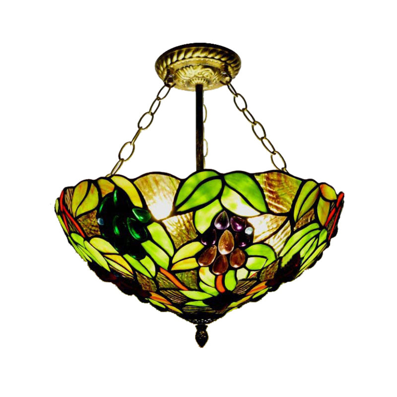 Inverted Bowl Ceiling Light Fixture with Leaf Pattern Rustic Loft Semi Flush Light for Foyer in Green Green C Clearhalo 'Ceiling Lights' 'Close To Ceiling Lights' 'Close to ceiling' 'Glass shade' 'Glass' 'Pendant Lights' 'Semi-flushmount' 'Tiffany close to ceiling' 'Tiffany' Lighting' 21341