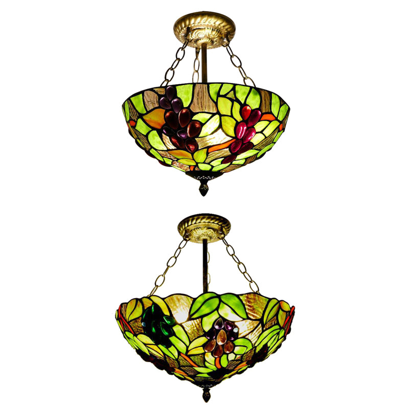 Inverted Bowl Ceiling Light Fixture with Leaf Pattern Rustic Loft Semi Flush Light for Foyer in Green Clearhalo 'Ceiling Lights' 'Close To Ceiling Lights' 'Close to ceiling' 'Glass shade' 'Glass' 'Pendant Lights' 'Semi-flushmount' 'Tiffany close to ceiling' 'Tiffany' Lighting' 21343