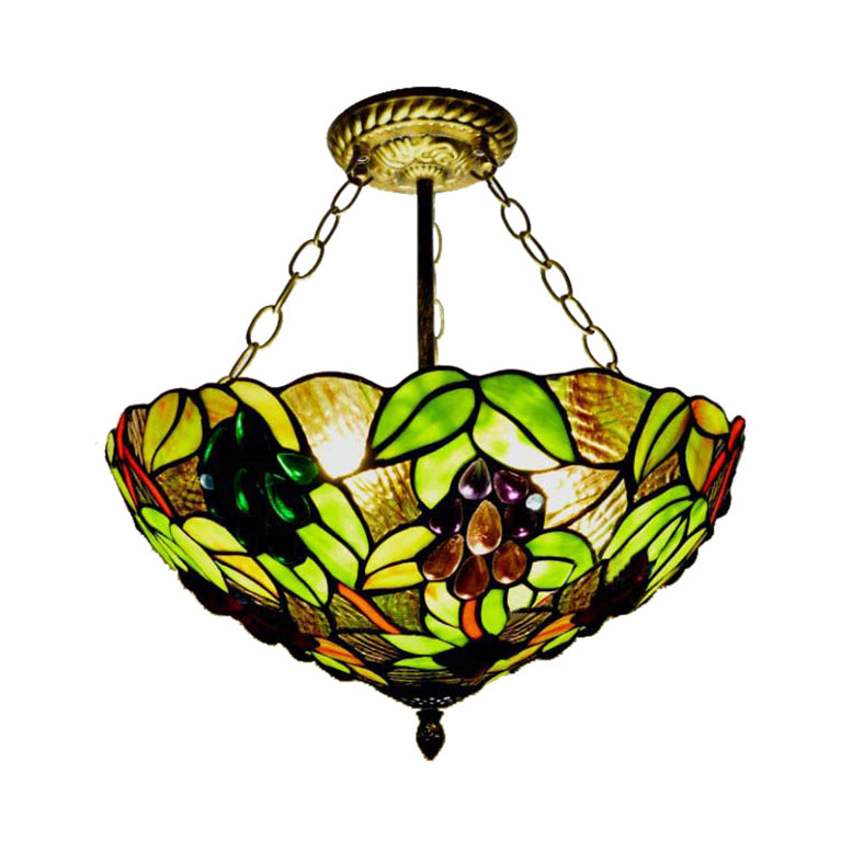 Inverted Bowl Ceiling Light Fixture with Leaf Pattern Rustic Loft Semi Flush Light for Foyer in Green Green D Clearhalo 'Ceiling Lights' 'Close To Ceiling Lights' 'Close to ceiling' 'Glass shade' 'Glass' 'Pendant Lights' 'Semi-flushmount' 'Tiffany close to ceiling' 'Tiffany' Lighting' 21346