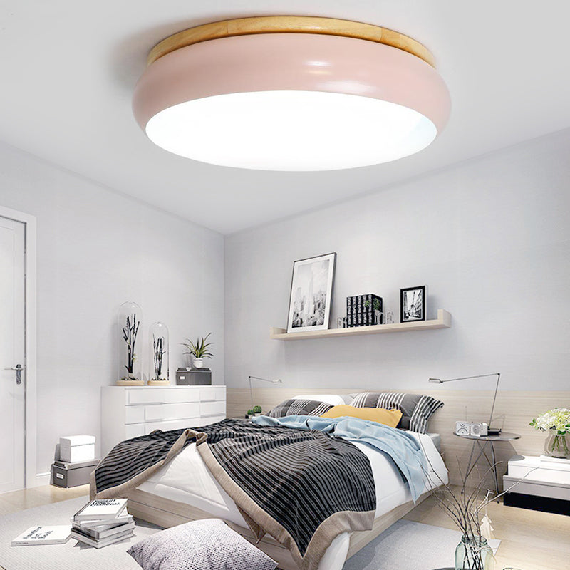 18"/21.5" Dia Drum Flush Mount Macaron Wood White/Pink/Green LED Flush Mount Lamp in White/Warm/Natural Light Pink Clearhalo 'Ceiling Lights' 'Close To Ceiling Lights' 'Close to ceiling' 'Flush mount' Lighting' 213460