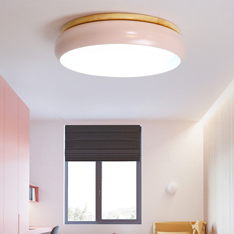 18"/21.5" Dia Drum Flush Mount Macaron Wood White/Pink/Green LED Flush Mount Lamp in White/Warm/Natural Light Clearhalo 'Ceiling Lights' 'Close To Ceiling Lights' 'Close to ceiling' 'Flush mount' Lighting' 213461