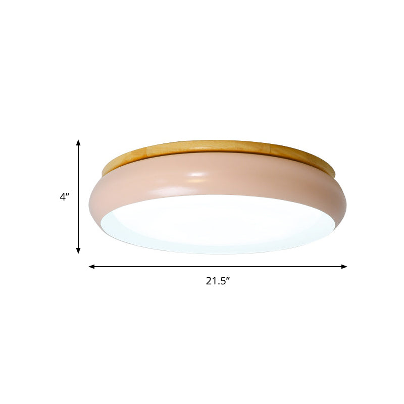 18"/21.5" Dia Drum Flush Mount Macaron Wood White/Pink/Green LED Flush Mount Lamp in White/Warm/Natural Light Clearhalo 'Ceiling Lights' 'Close To Ceiling Lights' 'Close to ceiling' 'Flush mount' Lighting' 213465