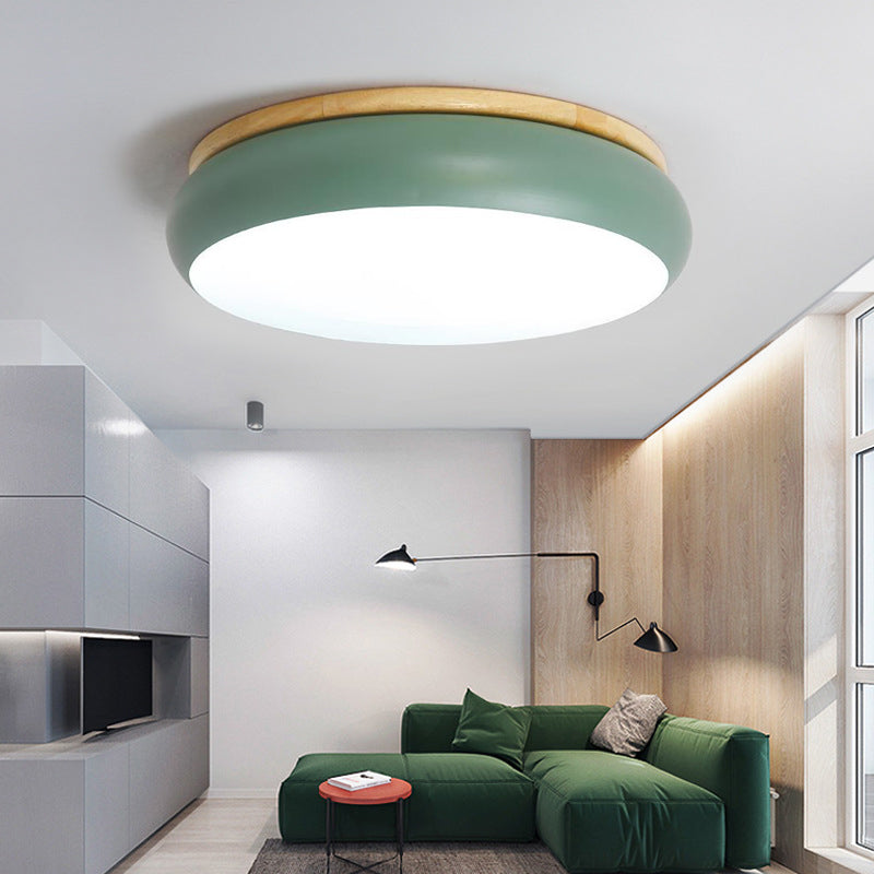 18"/21.5" Dia Drum Flush Mount Macaron Wood White/Pink/Green LED Flush Mount Lamp in White/Warm/Natural Light Green Clearhalo 'Ceiling Lights' 'Close To Ceiling Lights' 'Close to ceiling' 'Flush mount' Lighting' 213466