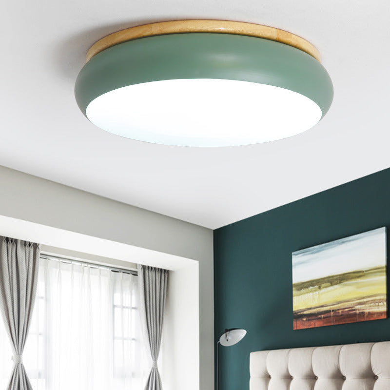 18"/21.5" Dia Drum Flush Mount Macaron Wood White/Pink/Green LED Flush Mount Lamp in White/Warm/Natural Light Clearhalo 'Ceiling Lights' 'Close To Ceiling Lights' 'Close to ceiling' 'Flush mount' Lighting' 213467