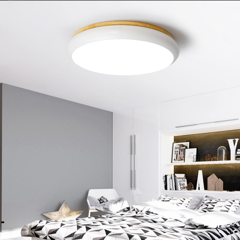 18"/21.5" Dia Drum Flush Mount Macaron Wood White/Pink/Green LED Flush Mount Lamp in White/Warm/Natural Light White Clearhalo 'Ceiling Lights' 'Close To Ceiling Lights' 'Close to ceiling' 'Flush mount' Lighting' 213470