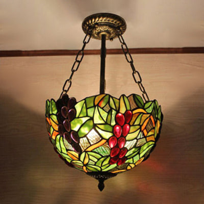 Inverted Bowl Ceiling Light Fixture with Leaf Pattern Rustic Loft Semi Flush Light for Foyer in Green Clearhalo 'Ceiling Lights' 'Close To Ceiling Lights' 'Close to ceiling' 'Glass shade' 'Glass' 'Pendant Lights' 'Semi-flushmount' 'Tiffany close to ceiling' 'Tiffany' Lighting' 21348