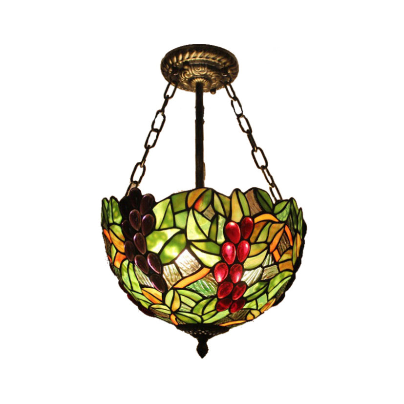 Inverted Bowl Ceiling Light Fixture with Leaf Pattern Rustic Loft Semi Flush Light for Foyer in Green Green B Clearhalo 'Ceiling Lights' 'Close To Ceiling Lights' 'Close to ceiling' 'Glass shade' 'Glass' 'Pendant Lights' 'Semi-flushmount' 'Tiffany close to ceiling' 'Tiffany' Lighting' 21349