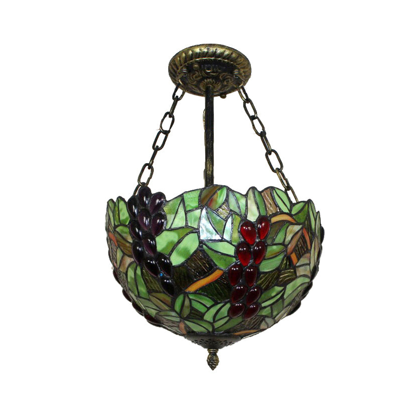 Inverted Bowl Ceiling Light Fixture with Leaf Pattern Rustic Loft Semi Flush Light for Foyer in Green Clearhalo 'Ceiling Lights' 'Close To Ceiling Lights' 'Close to ceiling' 'Glass shade' 'Glass' 'Pendant Lights' 'Semi-flushmount' 'Tiffany close to ceiling' 'Tiffany' Lighting' 21350