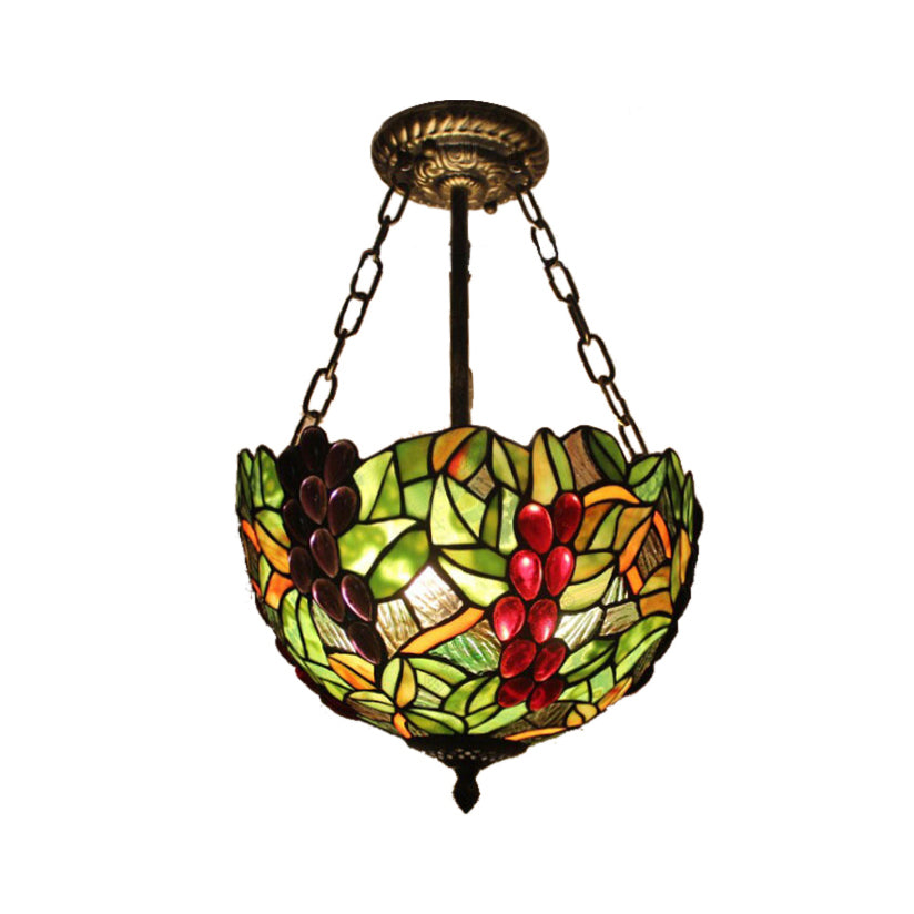 Inverted Bowl Ceiling Light Fixture with Leaf Pattern Rustic Loft Semi Flush Light for Foyer in Green Green Grape Clearhalo 'Ceiling Lights' 'Close To Ceiling Lights' 'Close to ceiling' 'Glass shade' 'Glass' 'Pendant Lights' 'Semi-flushmount' 'Tiffany close to ceiling' 'Tiffany' Lighting' 21352