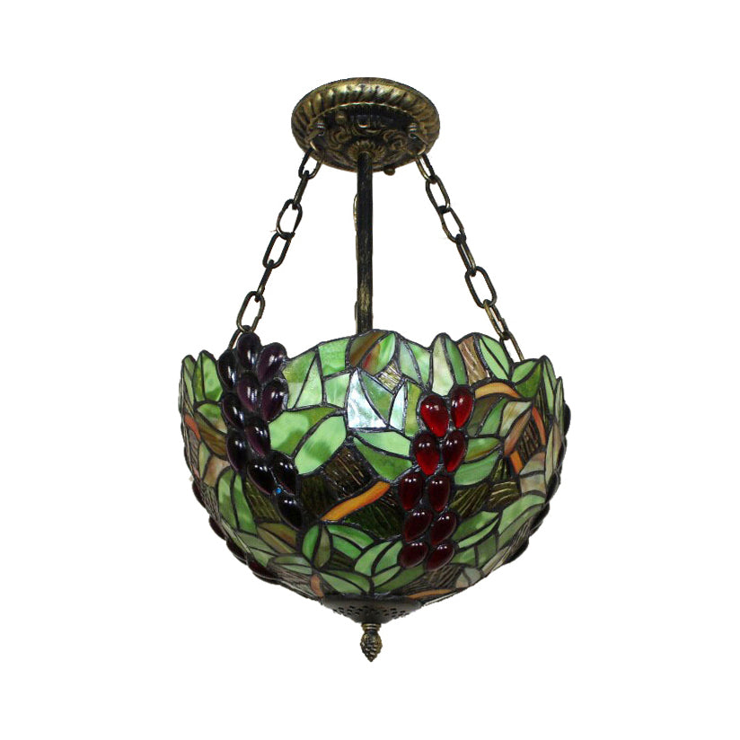 Inverted Bowl Ceiling Light Fixture with Leaf Pattern Rustic Loft Semi Flush Light for Foyer in Green Clearhalo 'Ceiling Lights' 'Close To Ceiling Lights' 'Close to ceiling' 'Glass shade' 'Glass' 'Pendant Lights' 'Semi-flushmount' 'Tiffany close to ceiling' 'Tiffany' Lighting' 21353