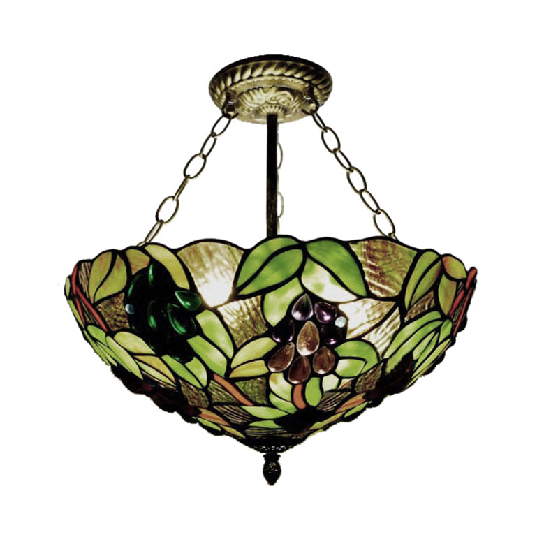 Inverted Bowl Ceiling Light Fixture with Leaf Pattern Rustic Loft Semi Flush Light for Foyer in Green Clearhalo 'Ceiling Lights' 'Close To Ceiling Lights' 'Close to ceiling' 'Glass shade' 'Glass' 'Pendant Lights' 'Semi-flushmount' 'Tiffany close to ceiling' 'Tiffany' Lighting' 21355