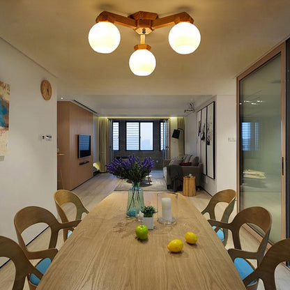 3/5/7 Lights Branch Semi Mount Lighting Contemporary Milk Glass Semi Flush Mount Light in Beige with Wood Fixture Arm 3 Wood Clearhalo 'Ceiling Lights' 'Close To Ceiling Lights' 'Close to ceiling' 'Semi-flushmount' Lighting' 213554